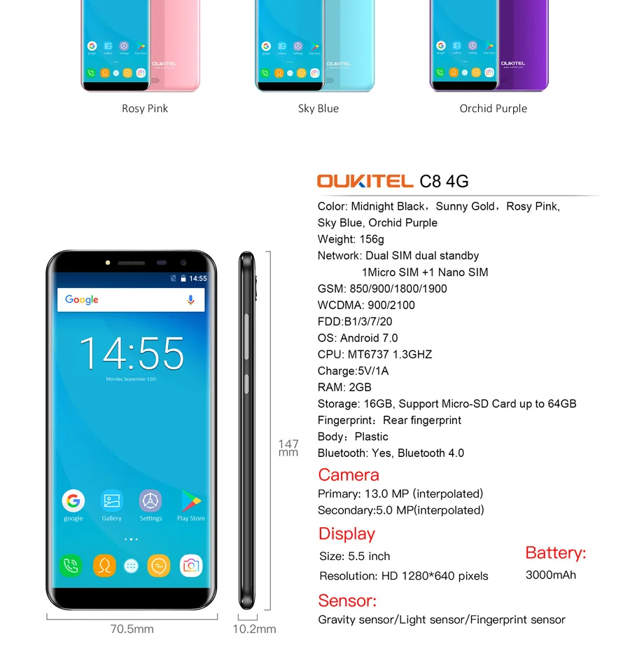 Oukitel C8 4G LTE мобильный телефон 5," HD 18:9 дисплей Бесконечность Android 7,0 2 Гб ОЗУ 16 Гб ПЗУ MTK6737 четырехъядерный отпечаток пальца 13 МП