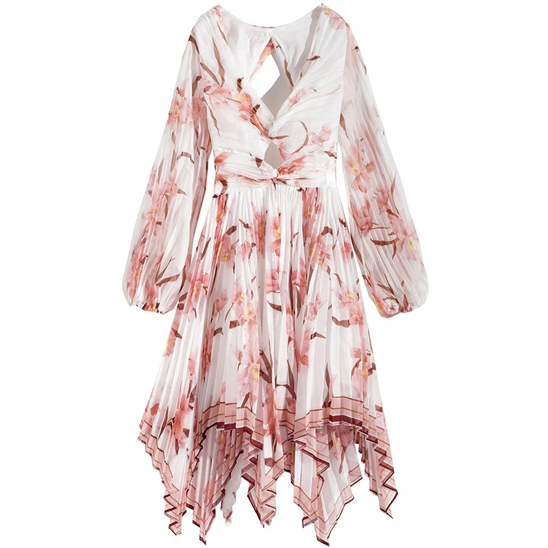 Женское шифоновое платье до колена с принтом и рукавами-фонариками для вечеринки