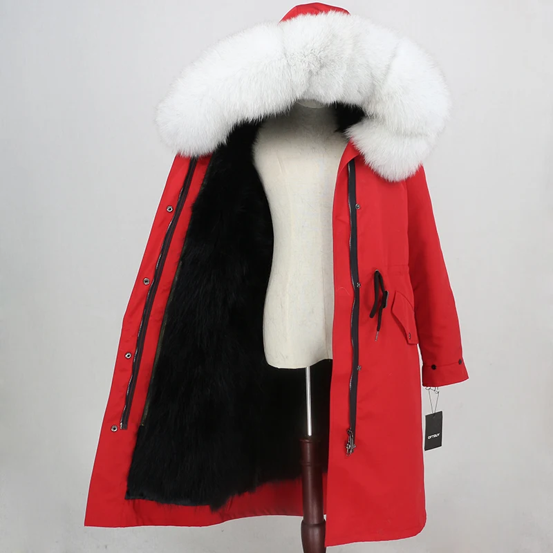 red black white Пальто с натуральным мехом, бренд X-long Parka, водонепроницаемая ткань, верхняя одежда, зимняя куртка для женщин, натуральный Лисий мех, капюшон, подкладка из лисьего меха, отстегивается - Цвет: red black white