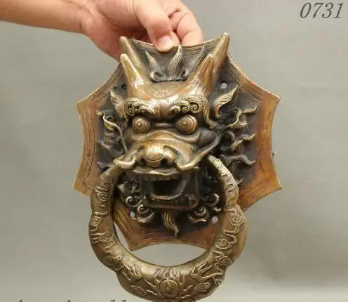 YM 306 10 &quotСтарый Китайский Фэншуй Бронзовая медь Exorcism Голова Дракона дверной