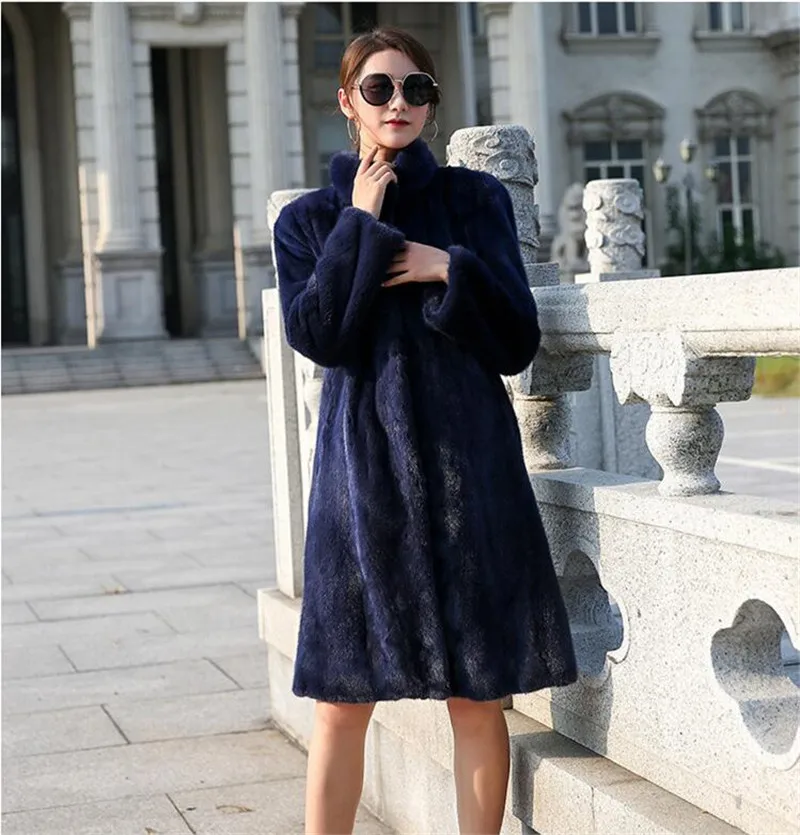 Dark blue Осенне-зимнее меховое пальто для женщин, пальто из искусственного меха норки, модная Длинная Верхняя одежда с воротником-стойкой, женская утепленная Меховая куртка больших размеров S-6XL - Цвет: Dark blue