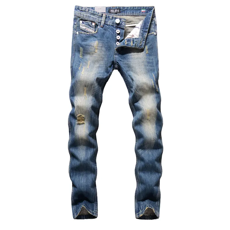 Мужские прямые джинсы Dsel Темно Синие рваные с принтом модель 982 C новинка 2019|printed