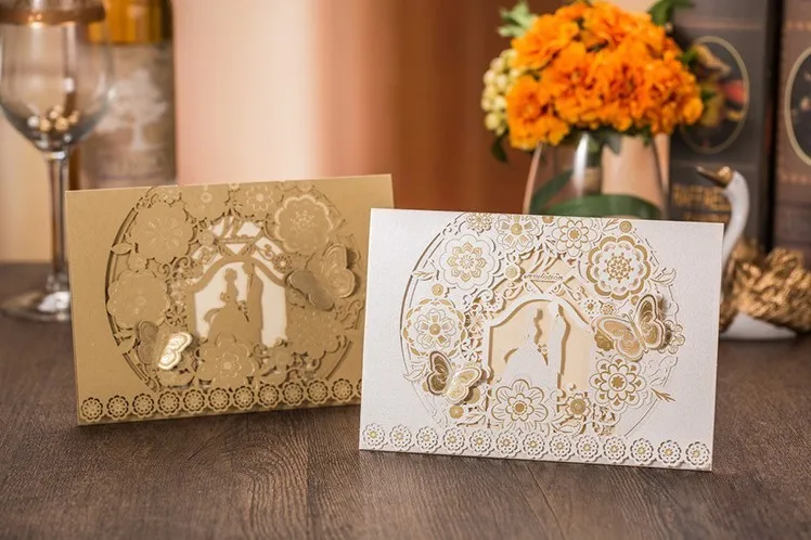 50 шт. свадебные пригласительные открытки Золотой белый лазерный разрез бабочка
