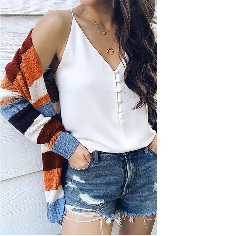 Вязаный кардиган для девочек разноцветный Длинный Свитер оверсайз в радужную