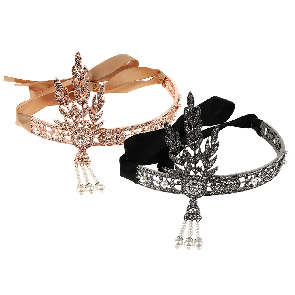 

1920's Flapper Great Gatsby Bead Headband Women Crown Headpiece Vintage Dance Party Black Gold Headwear
