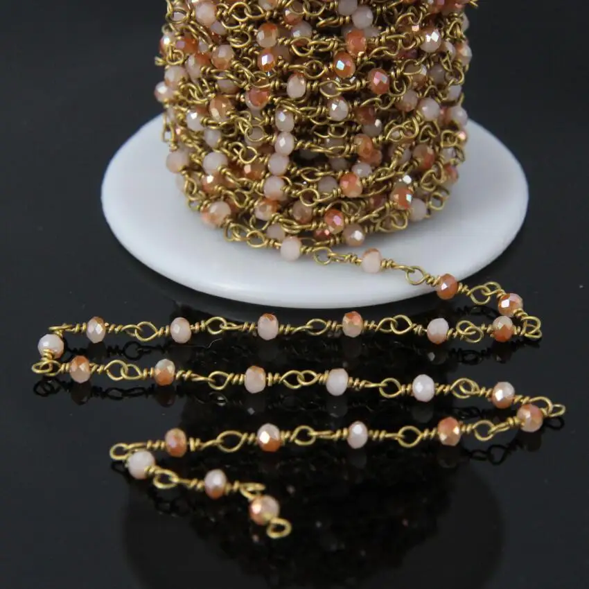 

5Meter,3x4mm Crystal Glass Rosary Chain,Orange Titanium beige Glass Faceted Rondelle beads plate Brass Wrapped Chain