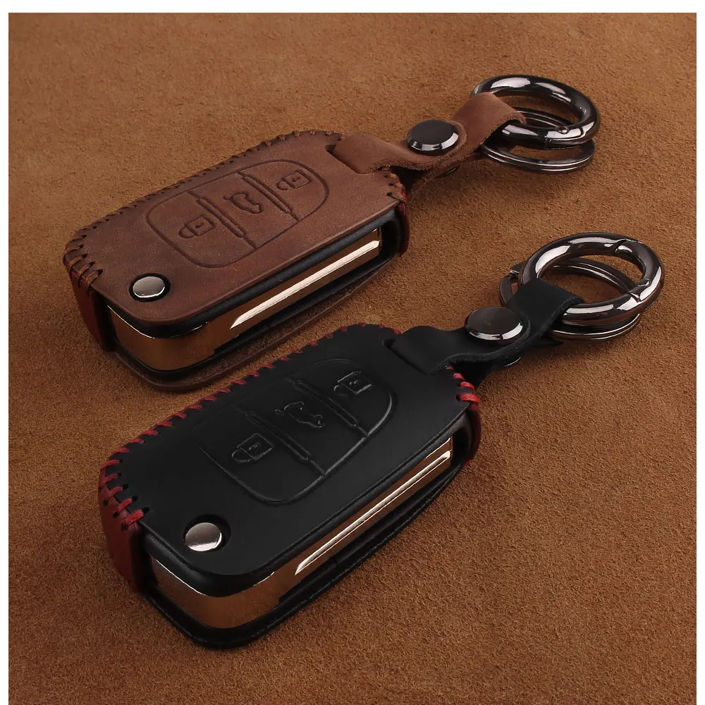 Dandkey Car Leather Key Cover Case 3 Button For Hyundai i20 i30 i35 iX20 iX35 Solaris Verna For Kia Rio K2 K5 Sportage Sorento