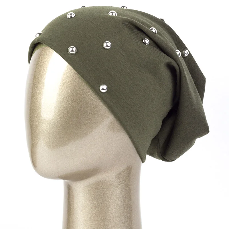 Army Green Geebro, модная женская шапочка, одноцветная, повседневная, полиэфирная, лыжная шапочка с жемчугом для девочек, Skullies, шапочки, шапочки для женщин - Цвет: Army Green