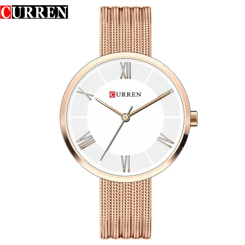 Rose gold CURREN, женские часы, Топ бренд, роскошные, нержавеющая сталь, сетка, ремешок, золото, повседневные часы, для девушек, бизнес, кварцевые часы, Relogio Feminino - Цвет: Rose gold