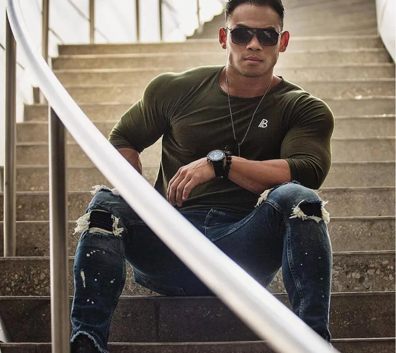 Mens tight sports round collar fitness gym long seeves spring autumn workout running t-shirt