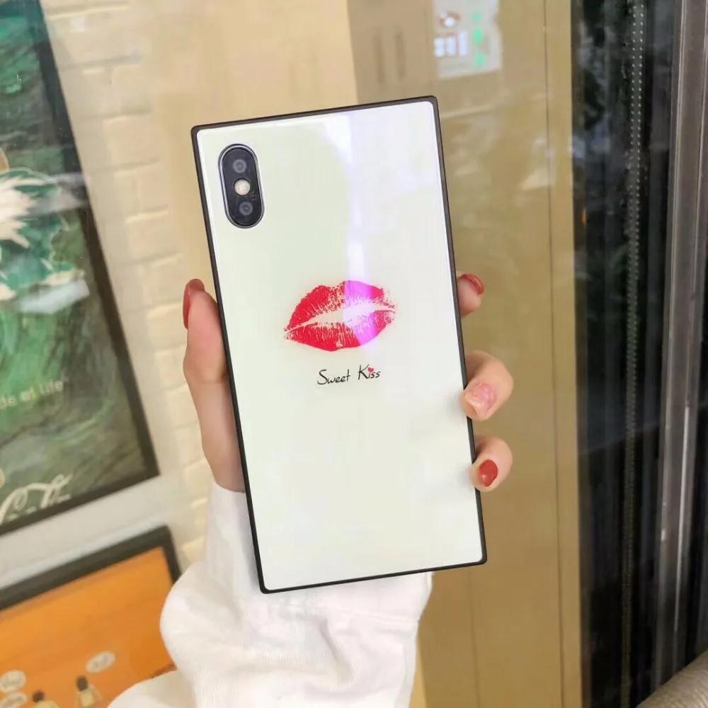 Роскошный закаленное стекло квадратный красный поцелуй чехол для iphone XS MAX S 7 6 6s 8