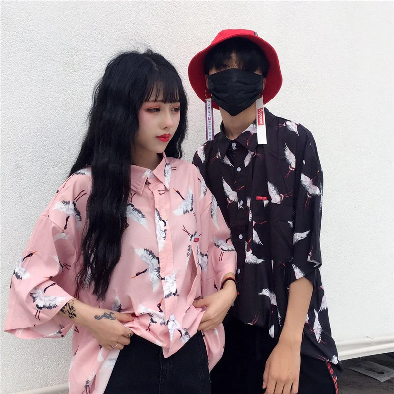 Женская летняя Новинка Harajuku BF ветер ретро рисунок с птицами свободный отворот