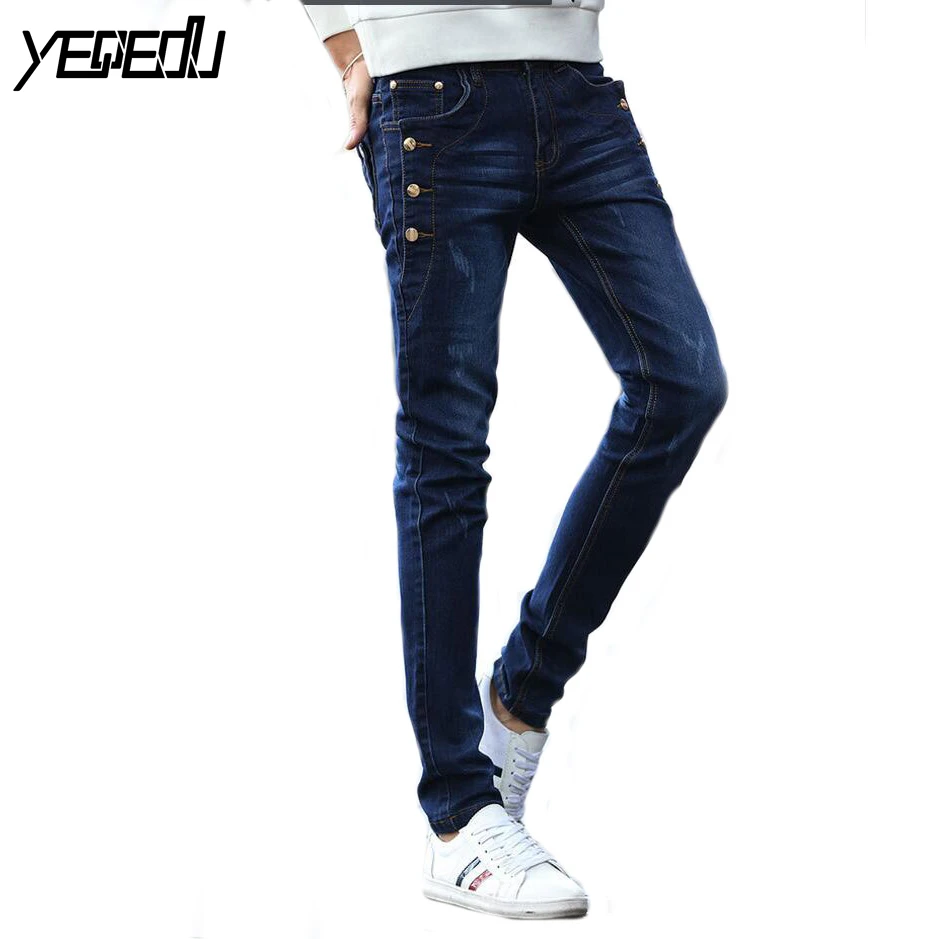 #1406 узкие джинсы мужская мода новый 2018 High Street Slim Fit Button джинсовая байкерские