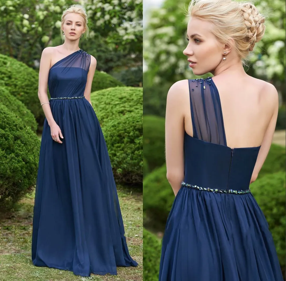 В наличии! Robe demoiselle d'honneur темно синие платья подружек невесты с одним плечом