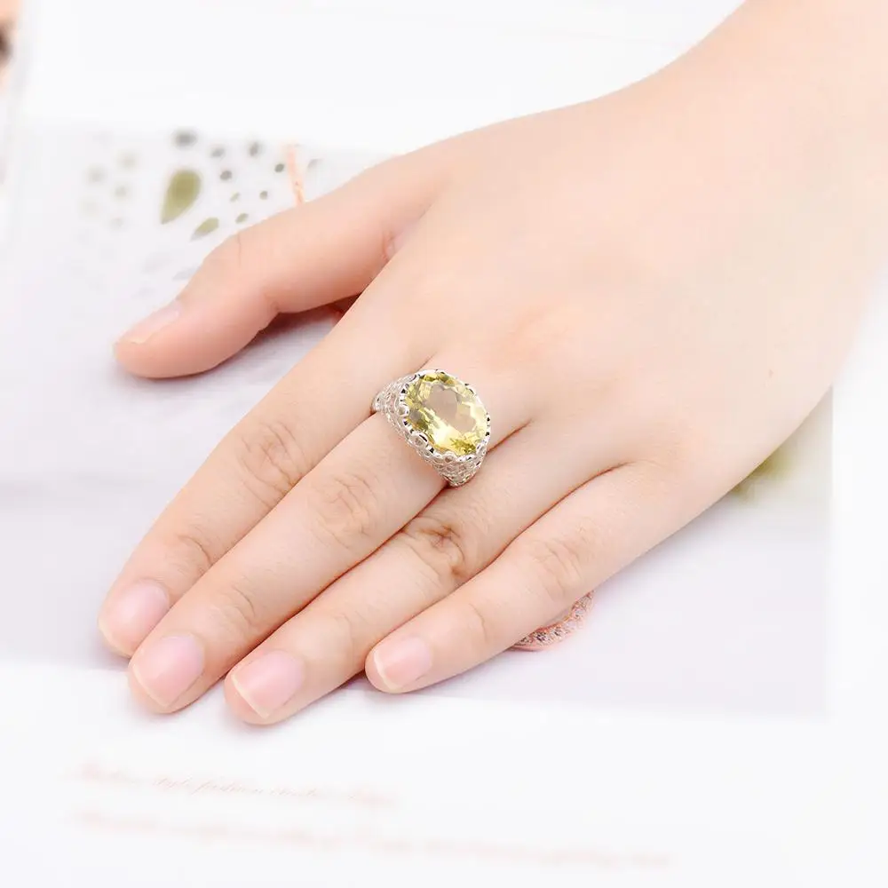 Hutang 8.60ct лимонный кварц обручальное кольцо натуральный драгоценный камень 925 пробы серебряные кольца изящные элегантные ювелирные изделия для женщин подарок