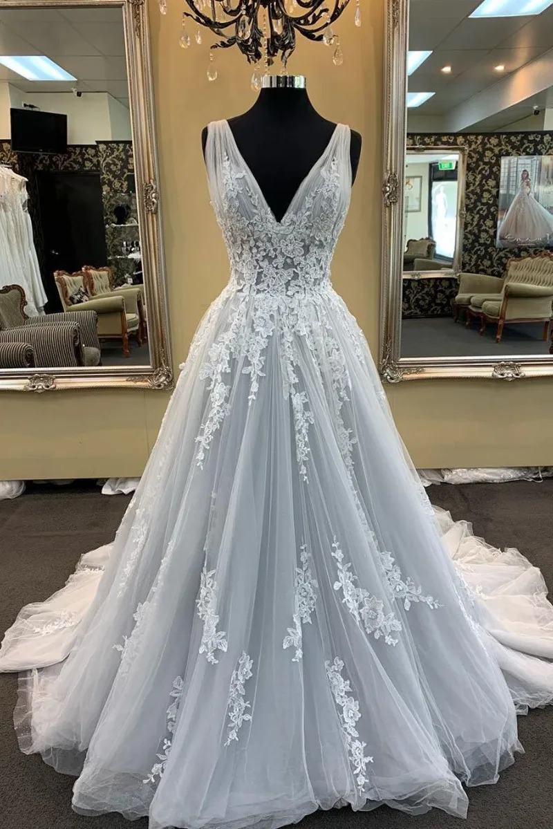 Robe De Mariee новинка v-образный вырез Кружевная аппликация тюль ТРАПЕЦИЕВИДНОЕ серое