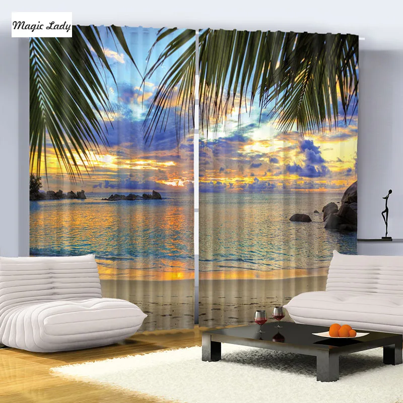 Синий Желтый Зеленый Фиолетовый Черный пляж пальмы море небо закат Фото Печать