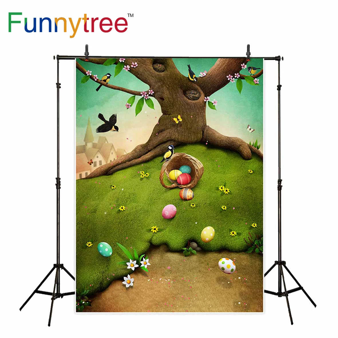 

Funnytree background for photo easter eggs spring tree bird flower cartoon fairy tale backdrop photocall new photographic decor