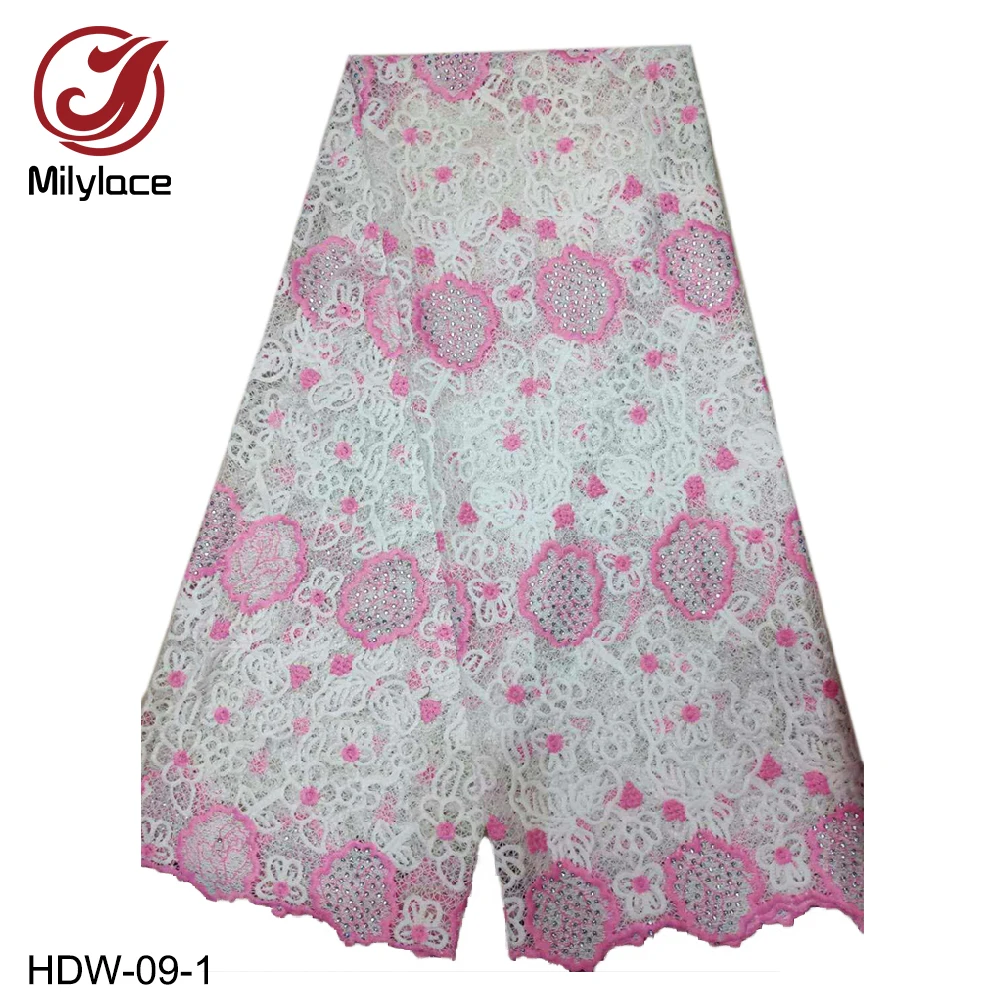 

Milylace high quality milk silk guipure lace fabric 5 yards mixed-color floral embroidery African lace fabric with stones HDS-09