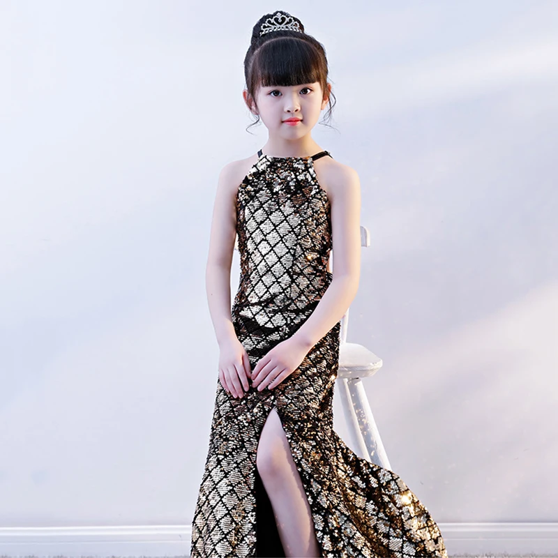 Luxury Gold Mermaid Kids Pageant Dress for Birthday Costume Sequines Halter Split Girls Evening Bodycon Fishtail Gowns B | Детская