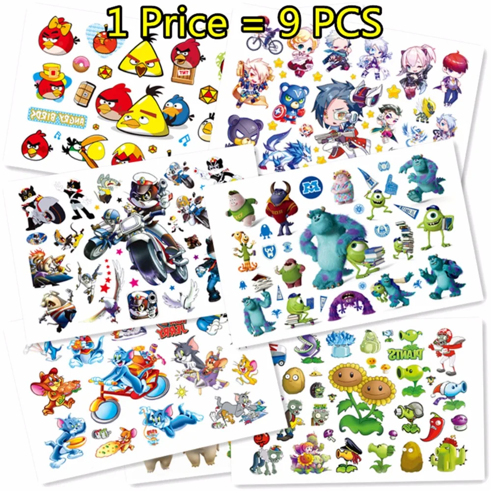 SHNAPIGN 9 шт./лот милая птица кот монстр временное искусство тела наклейки с