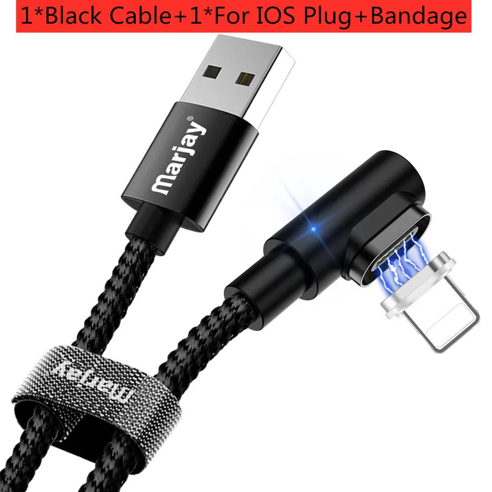 Marjay 1 м 2 м Магнитный USB кабель 90 градусов 3A зарядное устройство для iPhone 7 8 X XR XS MAX IOS Магнит usb зарядный кабель - Цвет: Black For iphone