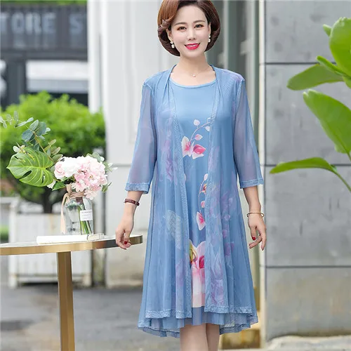 Light blue Женщины среднего возраста Лето Новое шифоновое длинное платье плюс размер 3XL повседневное пляжное платье из двух частей с цветочным принтом свободное платье плюс размер - Цвет: Light blue