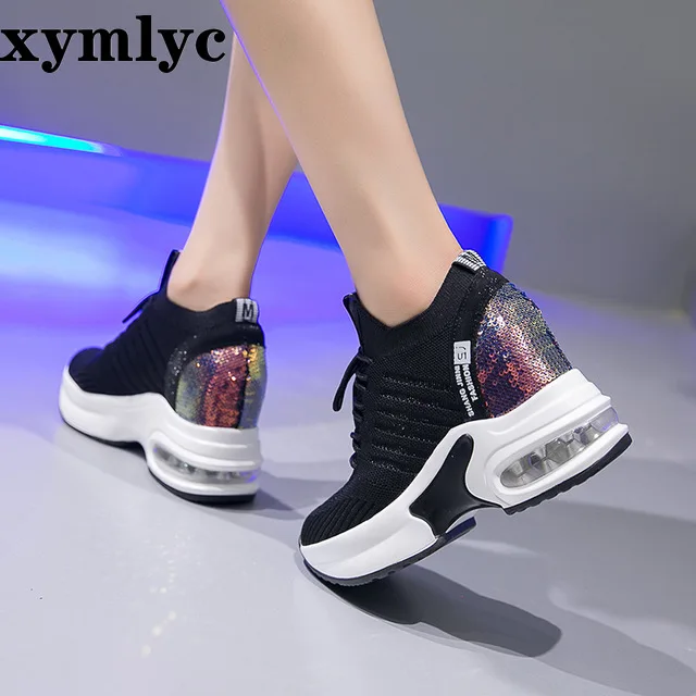 Fashion Spring Women Bling Shoes Mesh Wedge Sneakers Summer Breathable Casual Shoes Woman Round head casual shoes