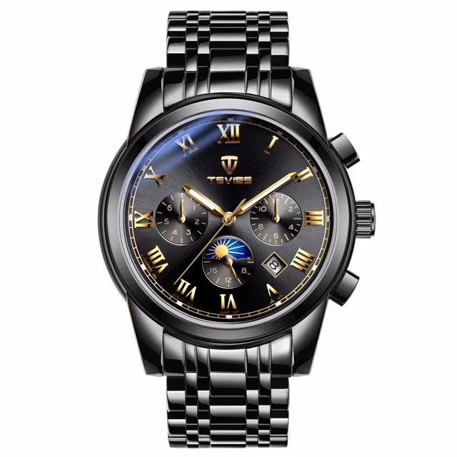 black Механические часы TEVISE Skeleton Tourbillon, автоматические мужские классические механические наручные часы с золотой фазой Луны, Reloj Hombre - Цвет: black