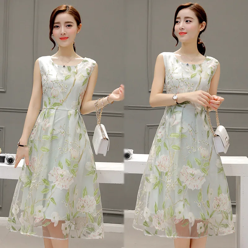 Новинка 2017 г. Платье без рукавов с рисунком органза маленький чистый и свежий