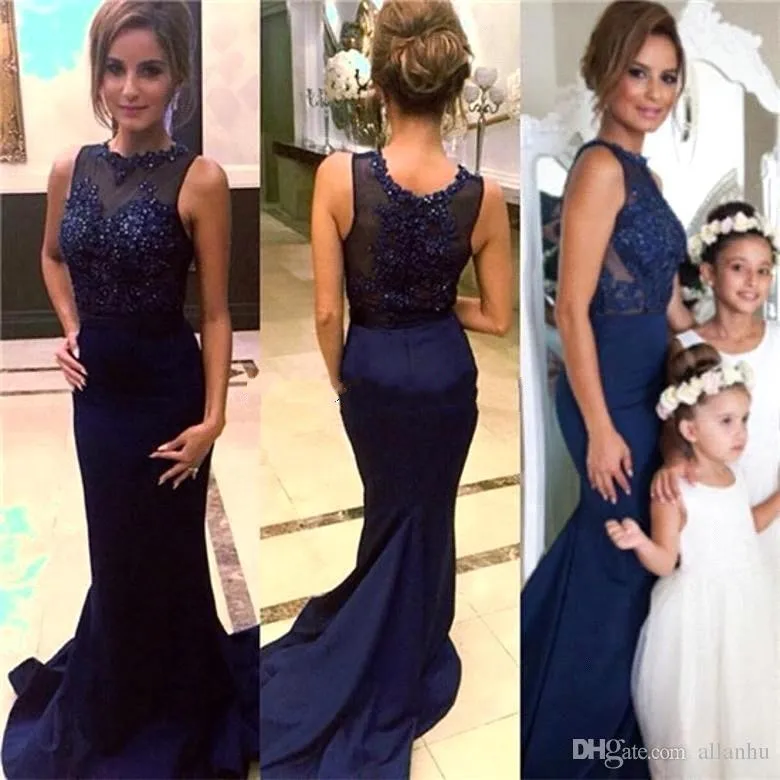 

Navy Blue Lace Mermaid Bridesmaid Dresses 2019 Sheer Neck Applique Beaded Sequins Wedding Party Dress Prom Gowns