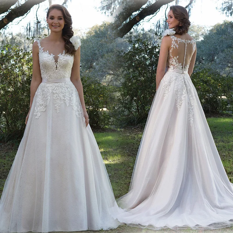 Простое кружевное свадебное платье трапециевидной формы без рукавов vestido de