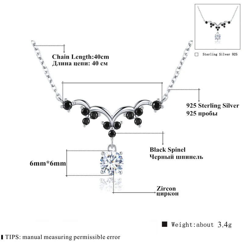 SILVER AGELESS Real 925 Sterling Silver White Zircon/Black Spinel Pendant Necklace for Woman Beautiful Chian | Украшения и