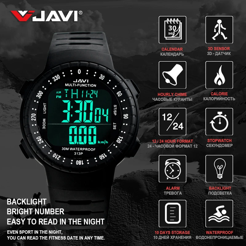 JAVI Sports Watch Men Digital Wristwatches With TPU Band 3Bar Pedometer Calories Multifunction LED Wrist Relogio Masculino | Наручные