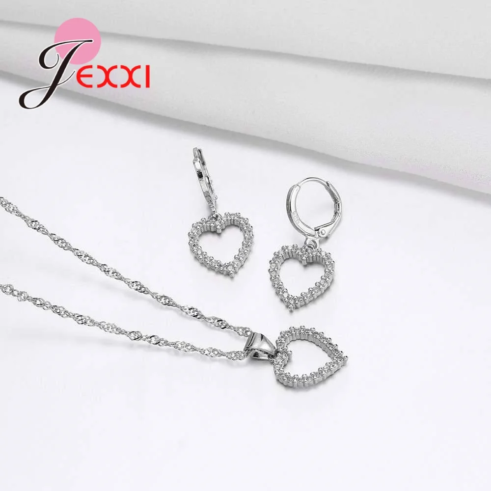 

Simple 925 Sterling Silver CZ Crystal Heart Paved Full Zircon Pendant Necklace Earring For Woman Wedding Jewelry
