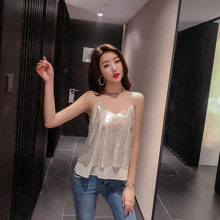 Сексуальная Женская майка, расшитая блестками, Camisoles Paillette Tee, Женская майка, жилет на тонких бретельках, Клубная одежда, женские летние майки, блузка