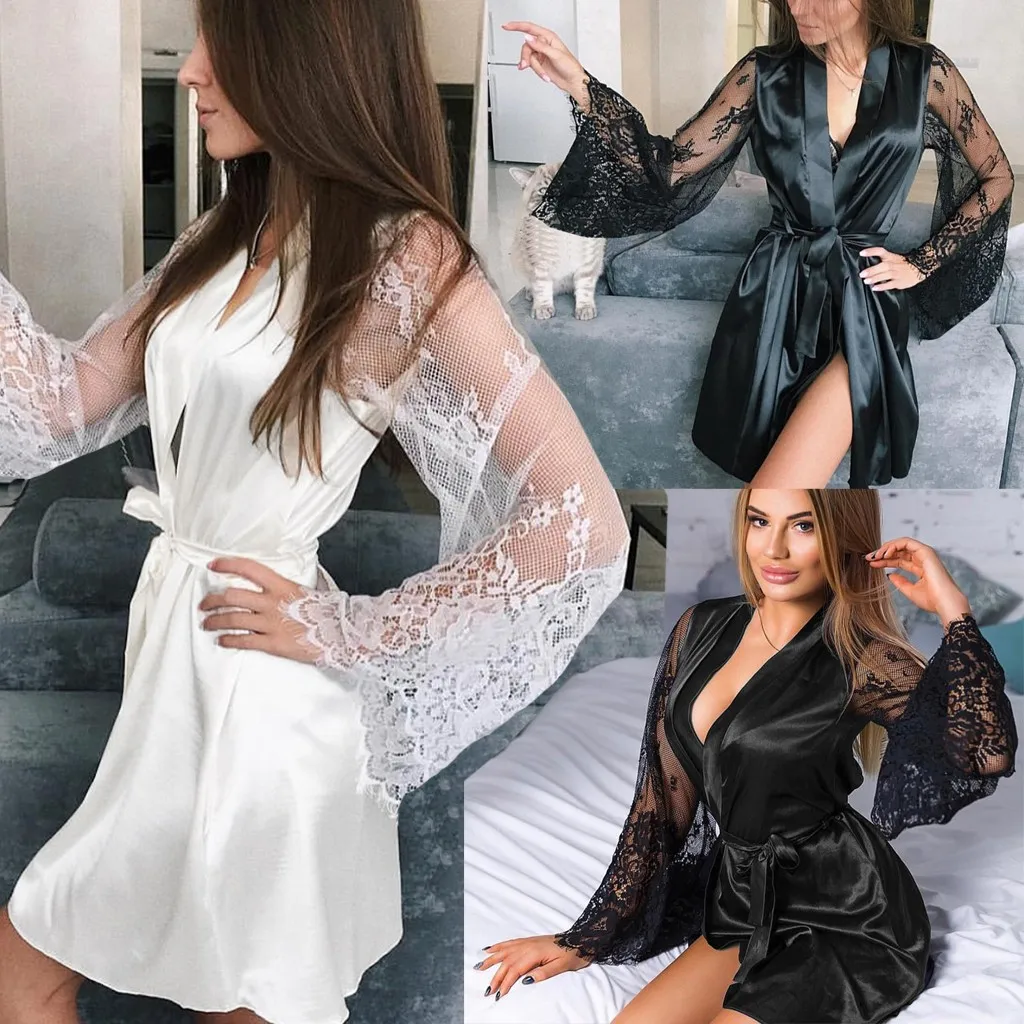 Сексуальное женское белье Атласный халат кружевное шелковое с длинным рукавом