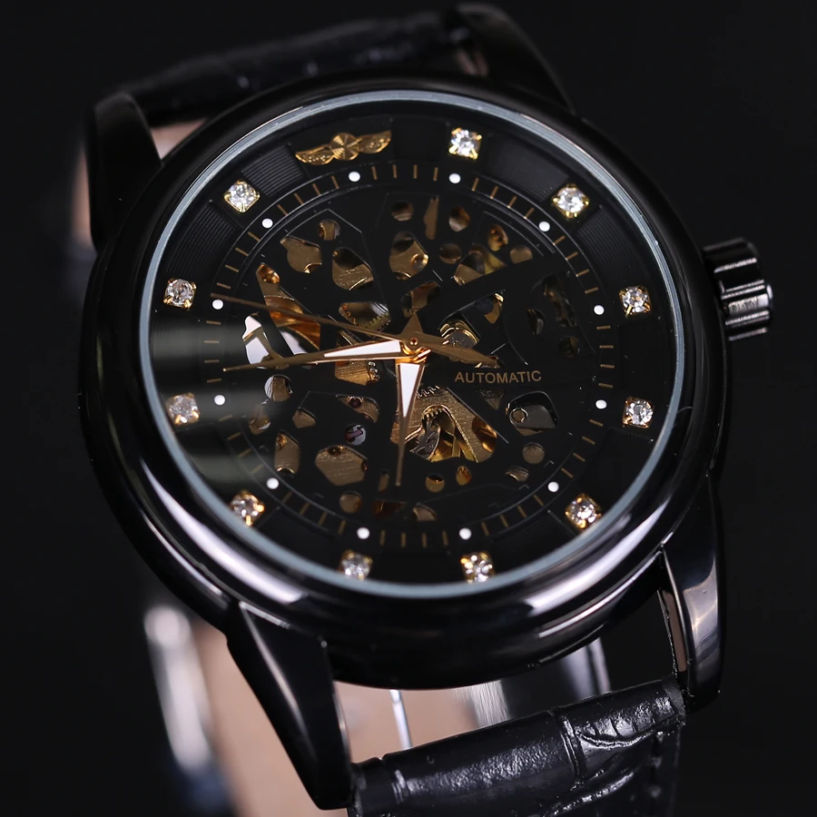 

Winner Royal Diamond Design Black Gold Watch Montre Homme Mens Watches Top Brand Luxury Relogio Male Skeleton Mechanical Watch