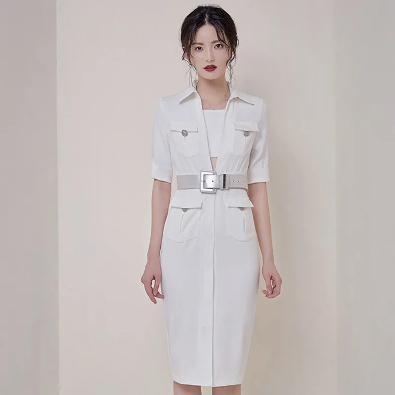 

Plus Size Summer White Dress 2019 Women with Sashes Sheath Bodycon Wrap Midi Ladies Dress Turn-down Collar OL Office Work Dress