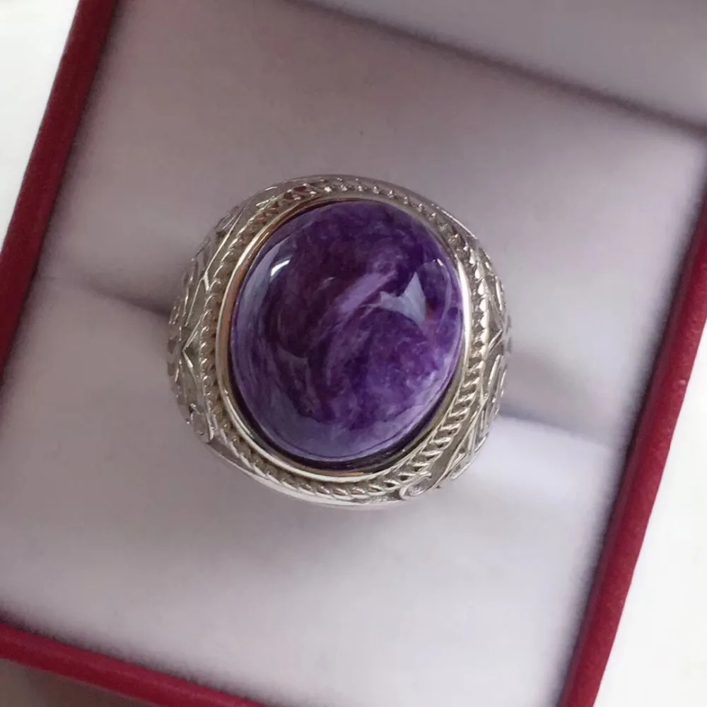 Кольцо из натурального фиолетового камня Charoite женское и мужское с кристаллами