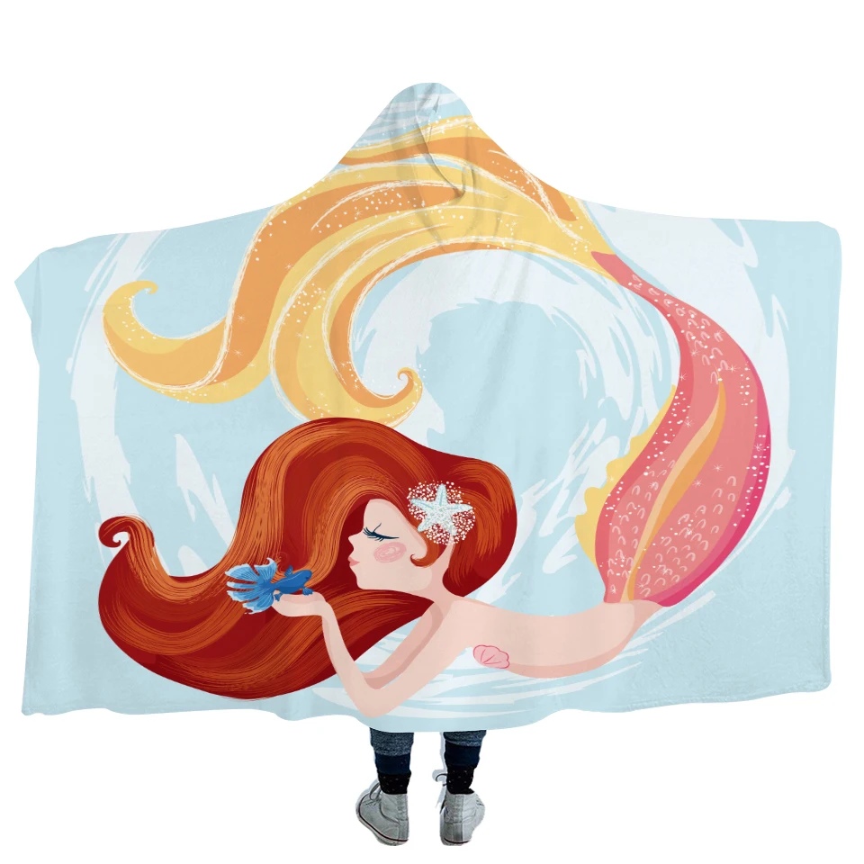 GRIDILANGO Custom Cartoon Pink Mermaid Microfiber Hooded Blanket for Kids Adults Girls Sherpa Fleece Wearable Blankets 150x200 | Дом и сад