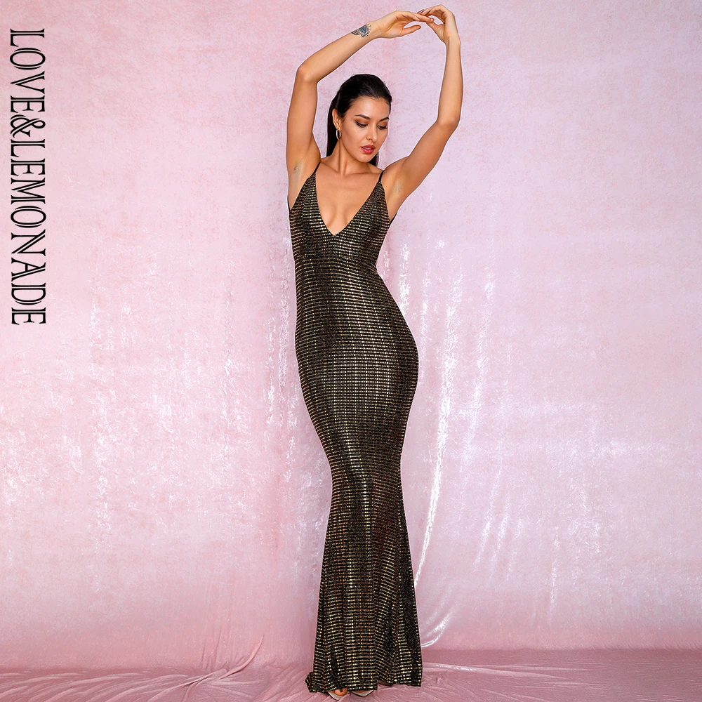 Женское вечернее платье LOVE & LEMONADE золотистое облегающее с глубоким V образным