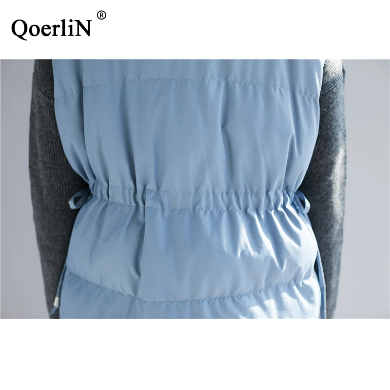 QoerliN Sleeveless Lace Up Waistcoat Women Cotton Clothing Double-Breasted Long Parkas Female Pocket Solid Jacket Coat Autumn | Женская
