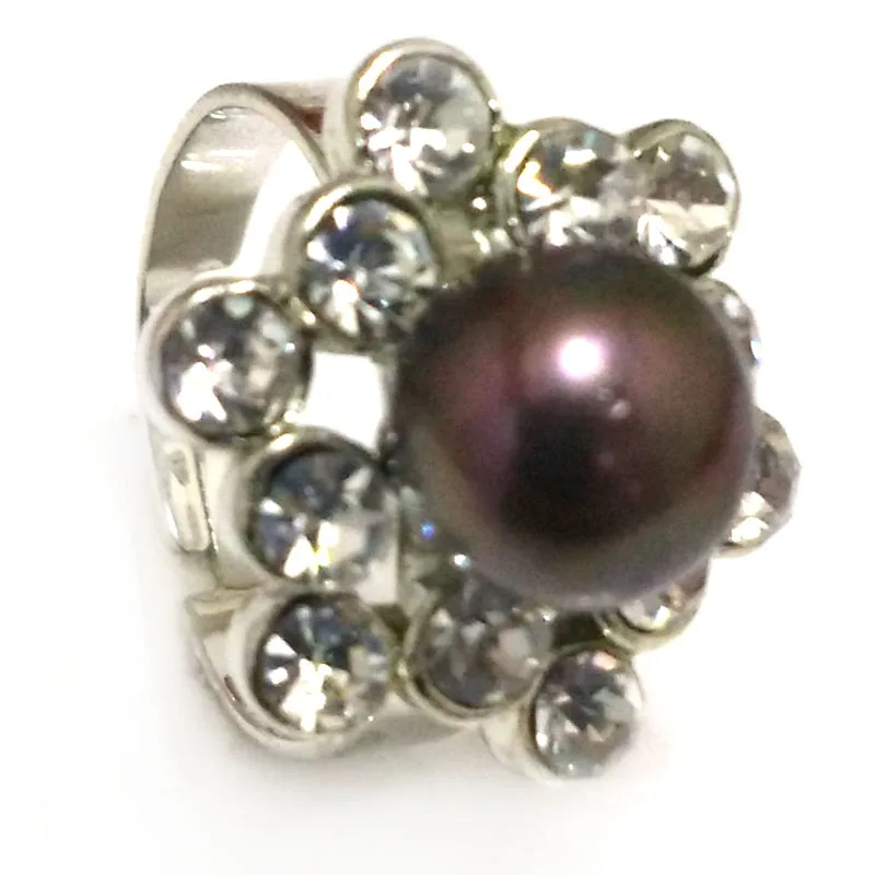 

8# 9-10mm Black Natural Button Pearl & Cubic Zirconia Flower Adjustable Ring