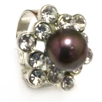 8 9 10mm black natural button pearl cubic zirconia flower adjustable ring