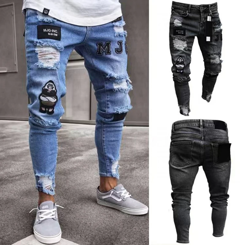 Мужские джинсы с дырками черные эластичные джинсы-карандаш в стиле хип-хоп |