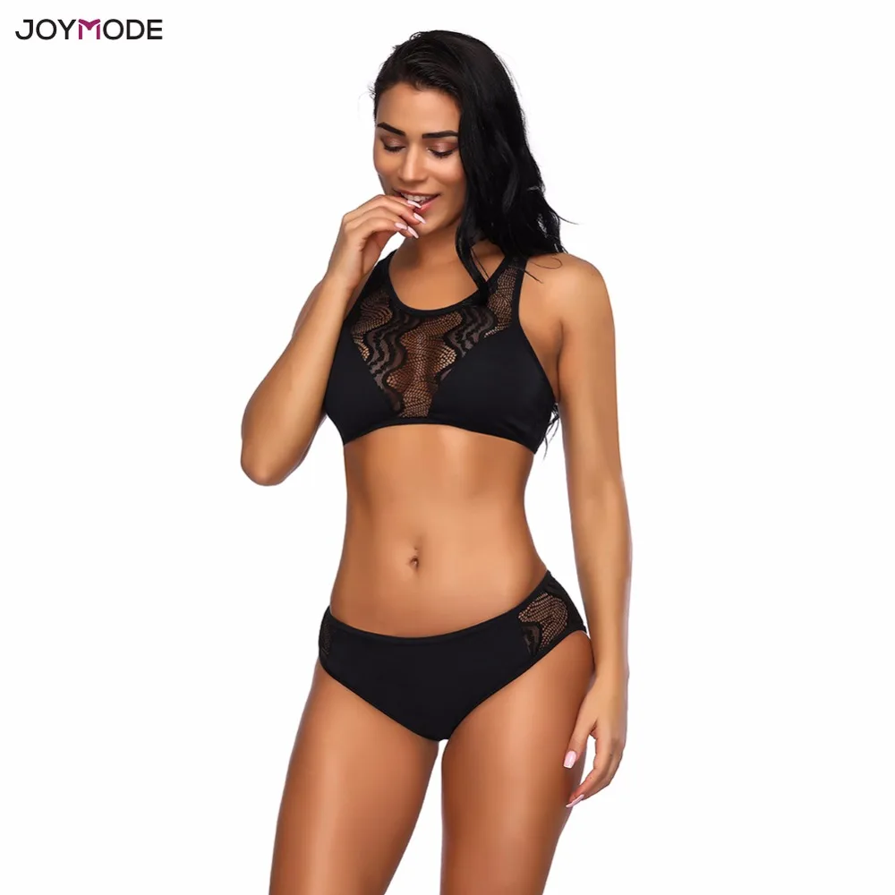 JOYMODE 2018 Новый женский сексуальный кружевной купальник из двух частей черно белое
