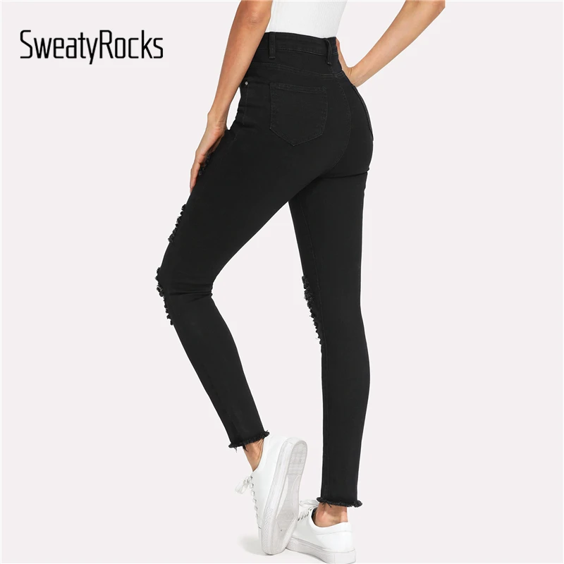 SweatyRocks экстремальные потертые обтягивающие джинсы женские повседневные брюки летние рваные джинсы для женщин черные брюки на пуговицах