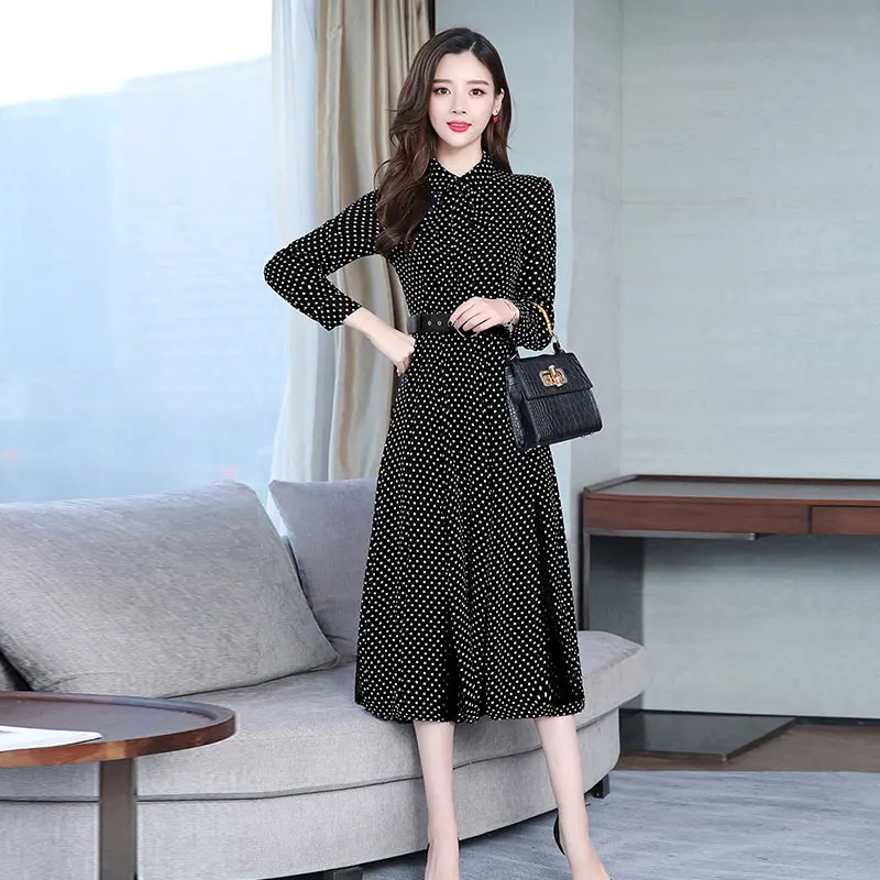 Осеннее платье женское средней длины винтажное в горошек Feminino Vestido пояс