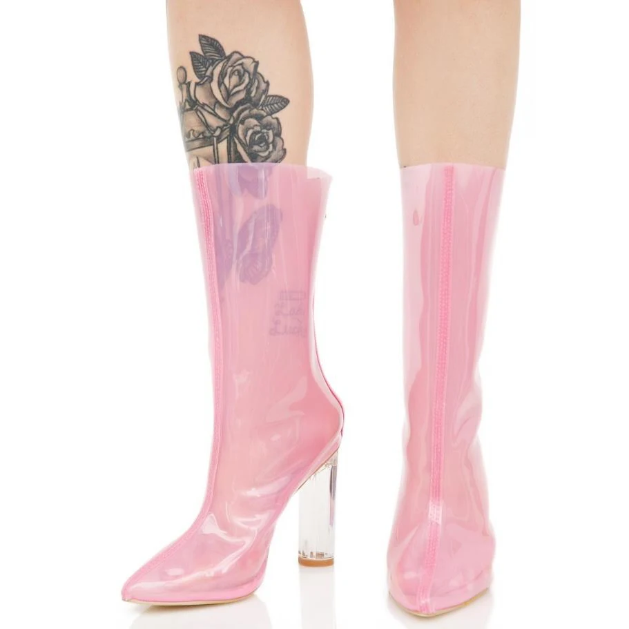 KALMALL Summer Transparent PVC Women Short Boots Kim Kardashian Style Ankle Boots Pointed Toe Clear Block Heels Women Rainboots